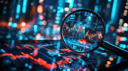 A magnifying glass placed over a digital tablet screen displaying financial graphs and data analytics, with neon-lit futuristic cityscape reflections in the background