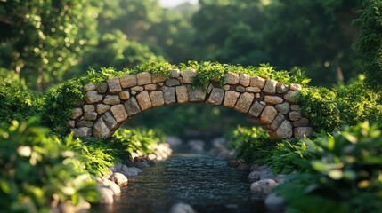 Ancient Stone Arch Bridge Overgrown with Lush Vegetation Spanning a Narrow Stream in a Verdant Forest - A Stunning Photorealistic 3-Giixel Image