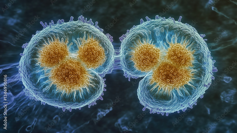 Poster two microscopic cells are captured in intricate detail against a muted background, showcasing biolog