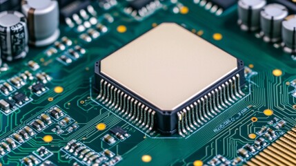 Innovative artificial intelligence processor unit on a dynamic PCB with illuminated data pathways showcasing the efficiency of quantum AI in modern computing systems , Minimalism Clean and clear
