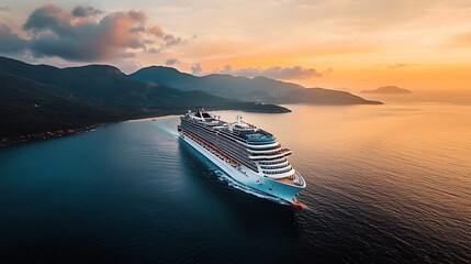 Luxurious cruise ship sailing at sunset