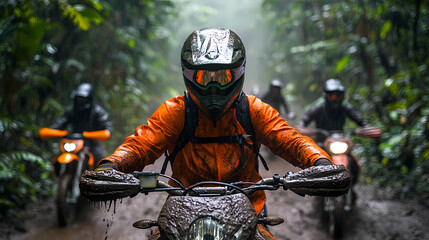 Fototapeta premium Muddy Trail: A group of intrepid riders navigate a muddy trail, their motorcycles kicking up spray amidst a dense jungle landscape, their faces set with determination and resilience. 