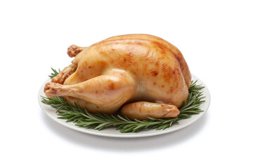roasted chicken on a white plate with rosemary sprigs