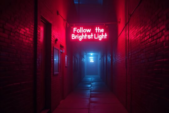 A neon **"Follow the Brightest Light"** sign leading into an alley filled with neon glow.