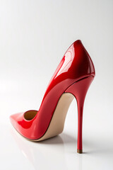 Elegant red high heel shoe on a reflective surface, isolated on a neutral background. Perfect fashion statement for style and sophistication.
