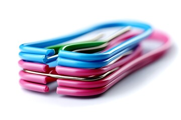 Colorful paper clips stacked on white surface background
