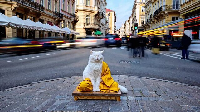 A Serene White Cat Dressed in a Yellow Robe Meditating Amidst the Vibrant Motion of a Busy Urban Intersection