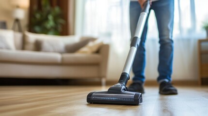 Fototapeta premium Male adult vacuuming hardwood floor in cozy living room environment.