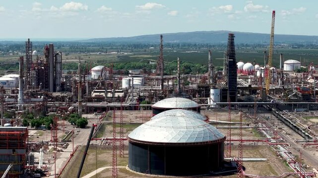 Mendoza, Argentina, March 16, 2025: Aerial view of unconventional crude oil refinery, Lujan de Cuyo.