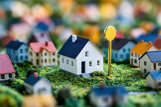 Golden Pin Points to a White House in a Miniature Neighborhood with Houses of Various Colors
