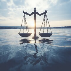 Justice Scales on Water at Sunset.
