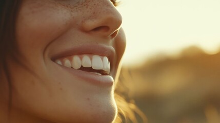 Obraz premium A smiling woman during sunset.