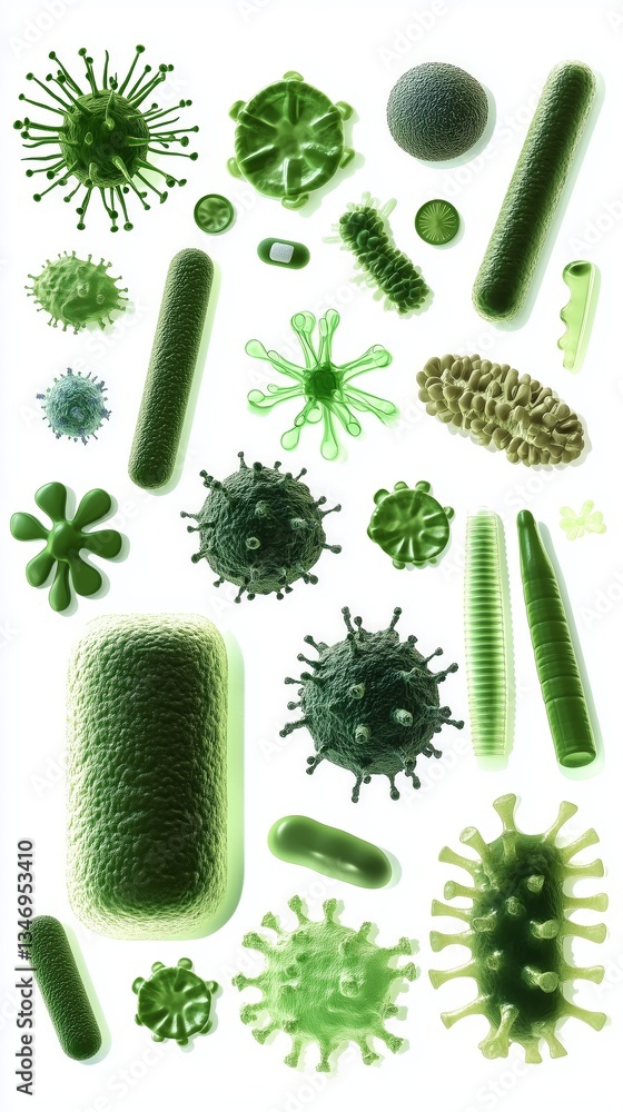 Poster artistic rendering of various microorganisms. collection of green bacteria and viruses on a white ba