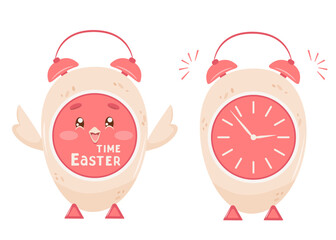 Cheerful pink alarm clock for cheerful awakening and mood. Pair of stylish desk clocks in shape cute chicken wings. Stylized chronometer for time control and waking up. Easter, holiday, birthday gift.