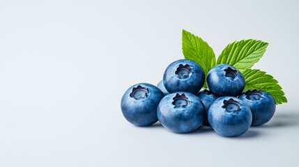 Fototapeta premium Fresh blueberries with green leaves on a light background