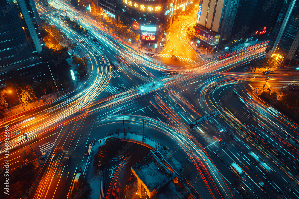 Poster urban symphony: an aerial view captures the dynamic flow of vehicles navigating a complex highway in