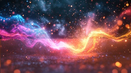 Colorful energy streams over sparkling ground; vibrant abstract background