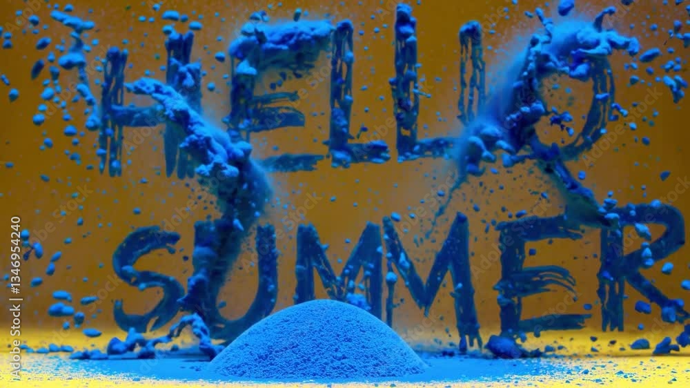 Poster dynamic splash of blue ink in water creating 'hello summer' against vibrant yellow background with e