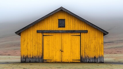 Yellow barn in a misty landscape