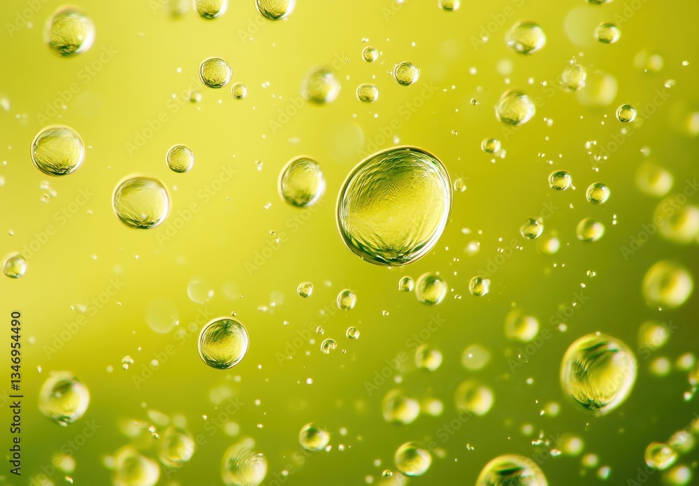 Poster close-up of air bubbles floating in green liquid against a soft gradient background for artistic and