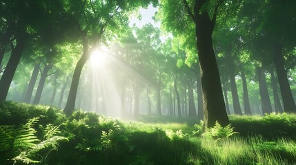 Breathtaking northern forest scenery with tall trees and golden sunlight high resolution wallpaper
