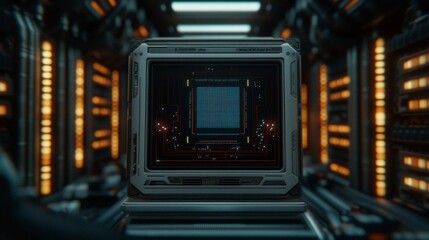Fototapeta premium High-detail 3D render of a futuristic AI processor surrounded by illuminated big data streams symbolizing seamless artificial intelligence integration , Minimalism Clean and clear background color,