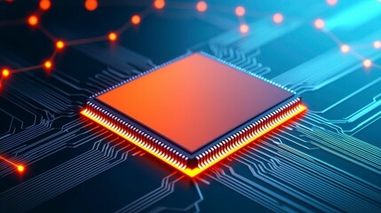 Modern AI processor concept with a vibrant 3D chip design surrounded by glowing big data networks representing powerful artificial intelligence solutions , Minimalism Clean and clear background