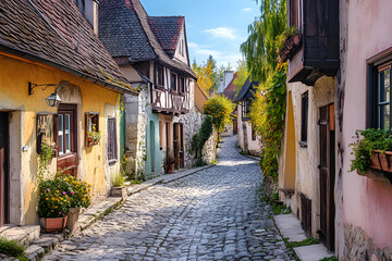 Fototapeta premium Historic village with cobblestone streets and well-preserved medieval houses, cultural heritage protection
