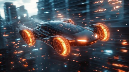 Futuristic flying car in motion through a city at night