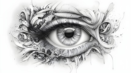 Surreal Eye with Organic Floral and Fauna Elements in Monochrome Tones