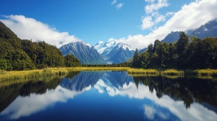 Fototapeta premium A serene alpine lake reflecting snow-capped mountains.