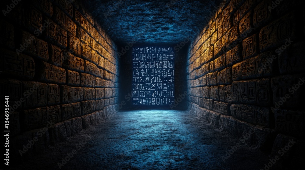 Poster an ancient underground stone tunnel with intricate hieroglyphs illuminated by faint light in a photo