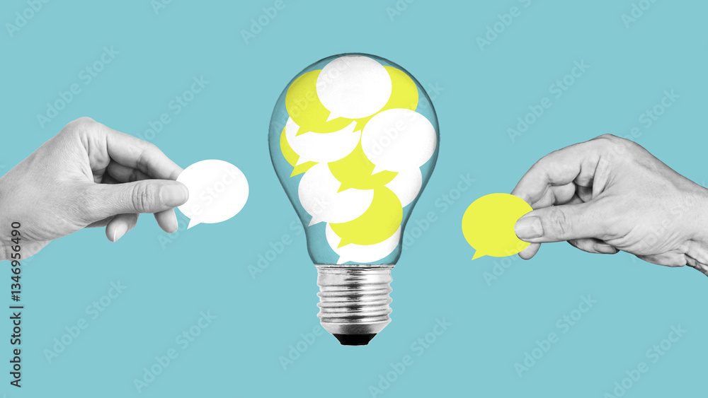 Poster team opinion and new idea during meeting, discussion or conversation. solution of brainstorm and eff