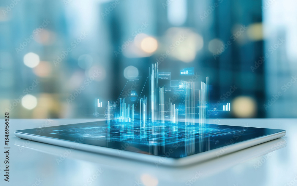 Poster digital tablet displaying futuristic data visualization and analytics in modern setting