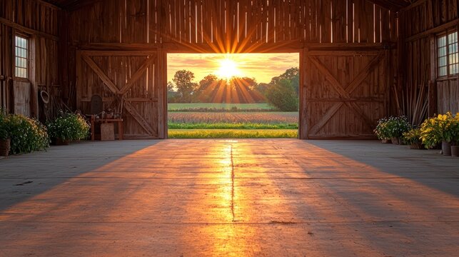 Rustic barn interior at sunset