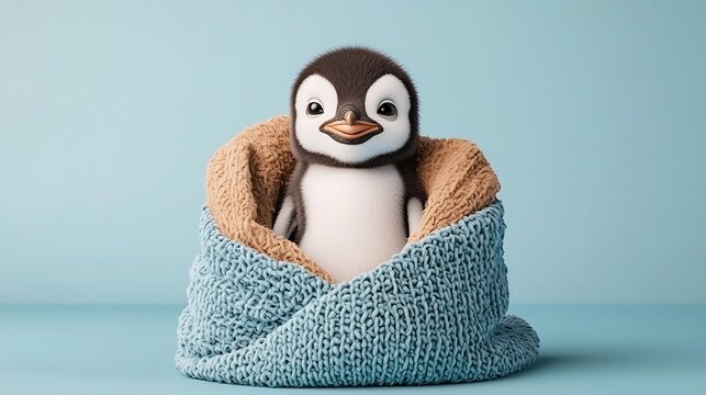 Cute penguin nestled in a warm blanket