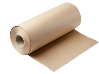 Fototapeta premium A roll of brown craft paper is positioned horizontally on a table. The paper is unrolled slightly, showcasing its texture and color, suitable for crafts, gift wrapping, and other creative activities