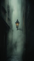 Foggy alleyway with illuminated vintage lamp.