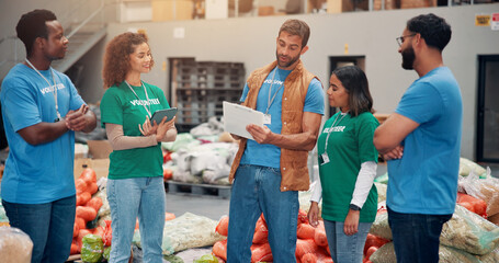People, charity and team with clipboard, smile and review of donations on document and discussion....