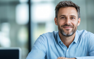 Fototapeta premium confident professional man smiles warmly modern office setting, exuding positivity