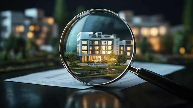 magnifying glass zooms in on real estate contract with modern building