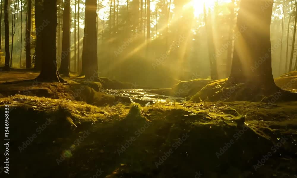 Poster sunlight streaming through trees in a forest illuminating the ground with golden light rays