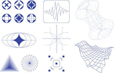 Set of various mathematical and geometric diagrams, including abstract waveforms and symmetrical patterns in blue color. Science. Modern aesthetics, minimalist art. Vector design , poster, ad.