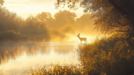 Deer standing in misty river.