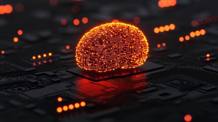 Artificial intelligence concept in a 3D render featuring a glowing brain, dynamic circuits, and a web of information nodes symbolizing AI's digital capabilities , Minimalism Clean and clear