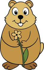 A cheerful cartoon groundhog holding its first spring flower, with bright eyes and a big smile, celebrating the arrival of the season with a colorful bloom in its paws.