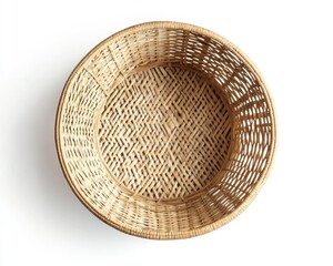 Wicker Basket Overhead on White Background Rustic Home Decor Concept