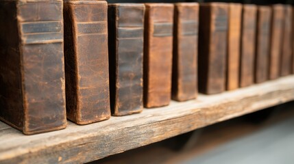 Vintage items in a secondhand market Concept, Old Leather Bound Atlases Displayed on a Wooden Shelf with Worn Spines and Classic Charm