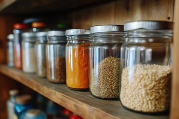 A pantry with neatly labeled glass jars filled 