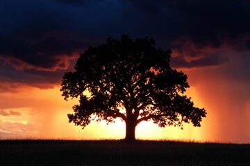 Fototapeta premium Tree silhouetted against fiery sunset sky.